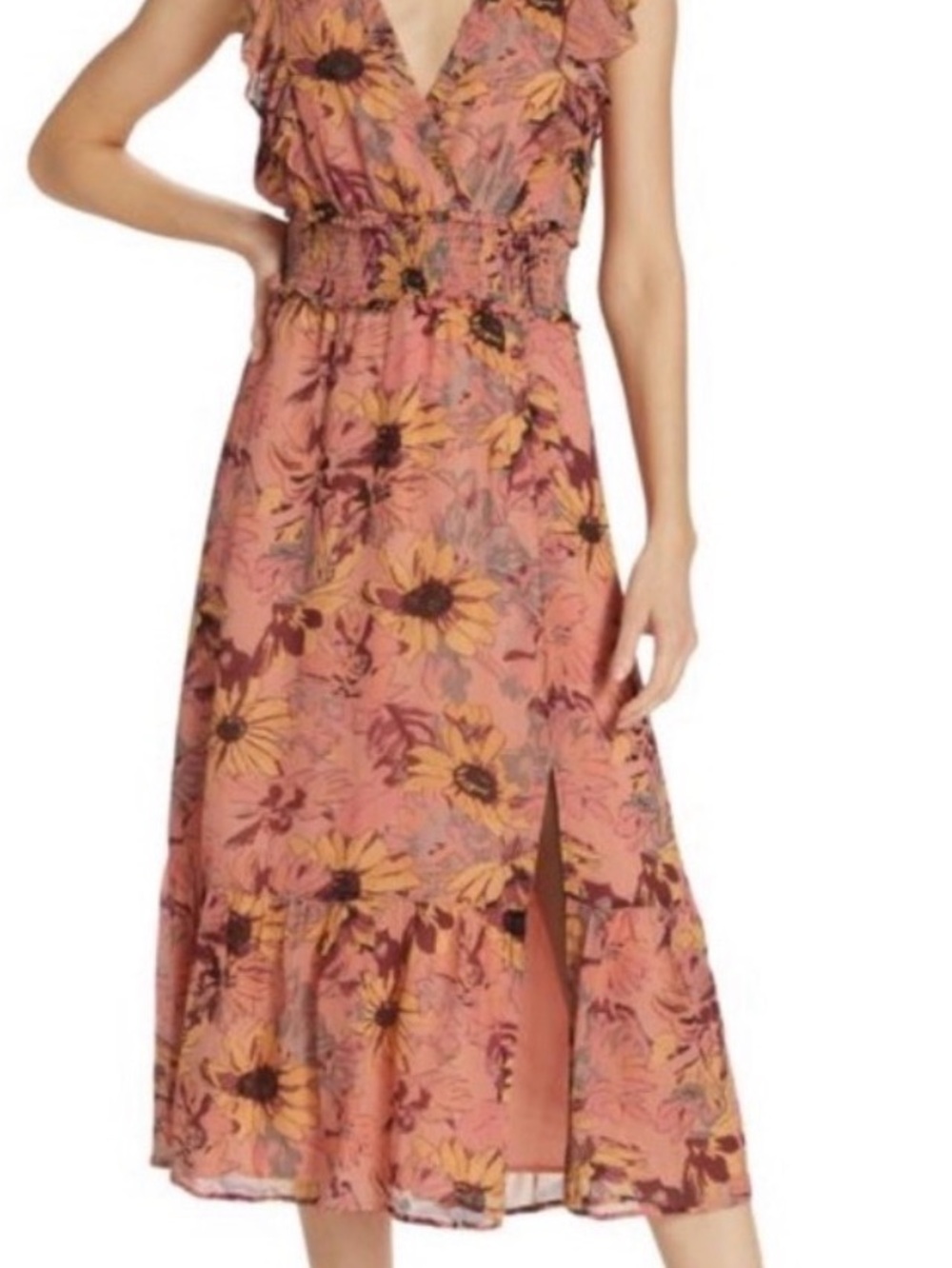 PAIGE Pink Sunflower-Print Ruffle Midi Dress